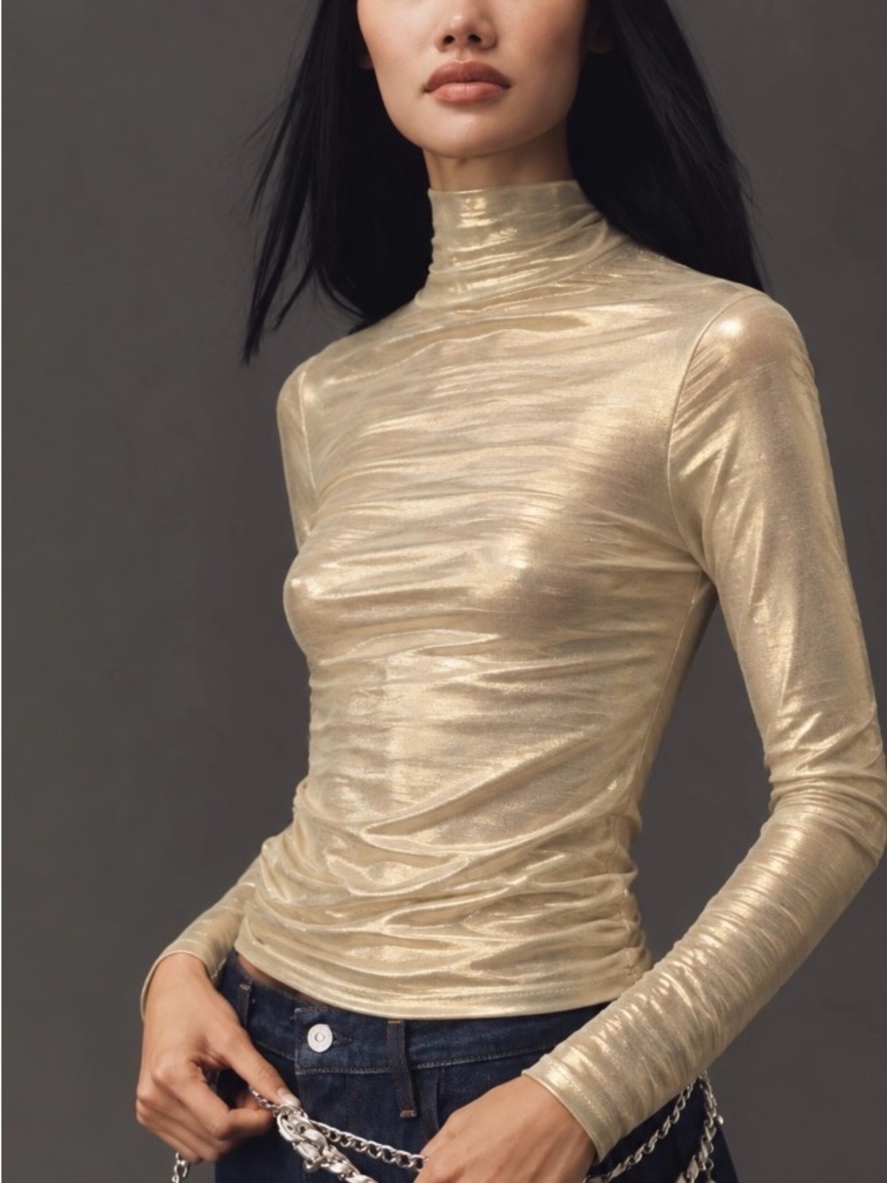 Anthropologie Shimmery Gold Long-Sleeve Mock Neck.